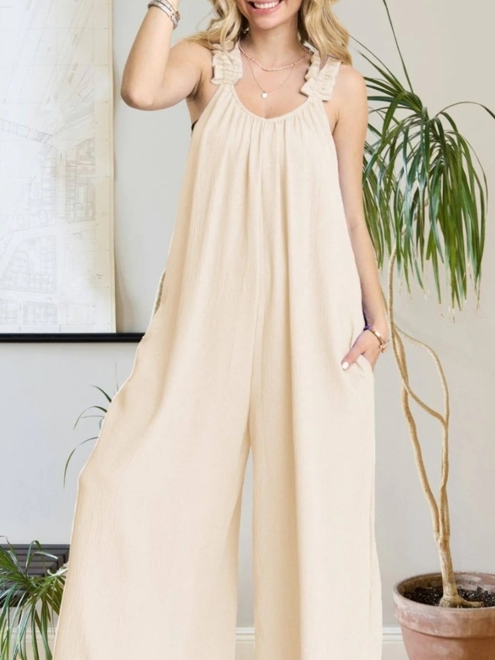 0168 ADORA Cream Wide-Leg Ruffle-Strap Jumpsuit